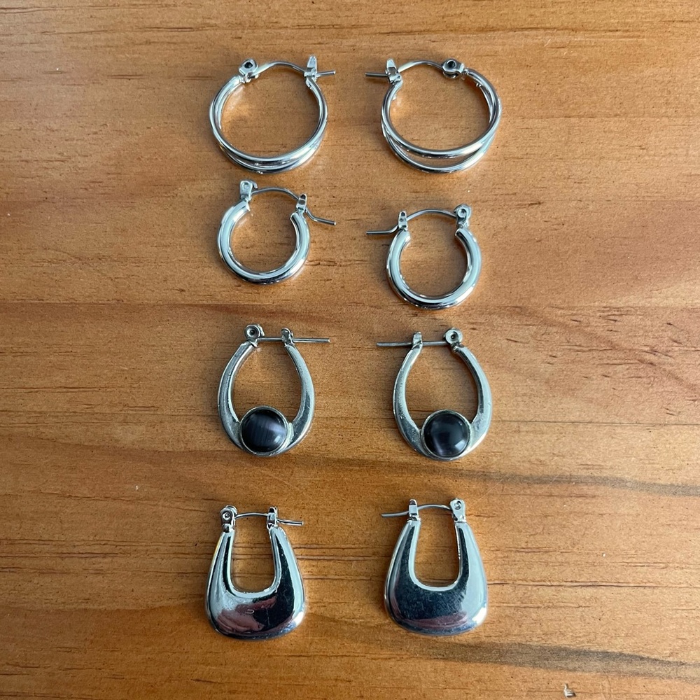BOGO Four Pairs of Silver Tone Click Down Hoop Earring